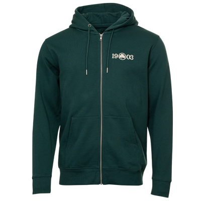 Kapuzenjacke in dunkelgrün 1903 mit Kleeblatt Logo in off-white auf der Brust