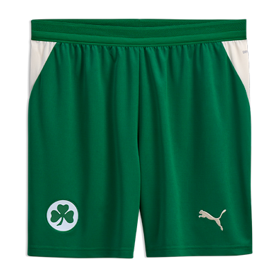 Offizielle Spielshort zum Heim Outfit 2026/27 Puma Short in der Farbe Dunkelgrün mit Streifen in der Farbe Cremeweiß an der Seite Mit Kleeblatt Logo