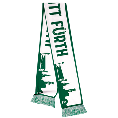 Seidenoptikschal mit der Fürther Skyline In den Farben Weiß und Dunkelgrün Schriftzug "Kleeblatt Fürth" Dunkelgrüne Fransen