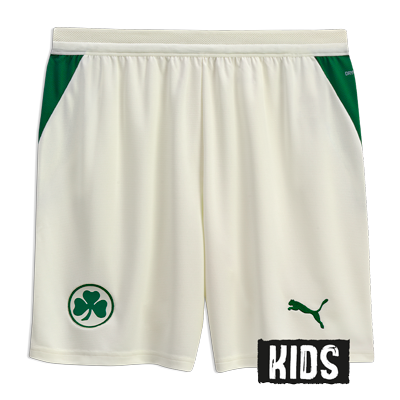 Offizielle Spielshort zum Auswärts Outfit 2026/27  Puma Short in der Farbe Cremeweiß mit Streifen in der Farbe Dunkelgrün an der Seite Mit Kleeblatt Logo