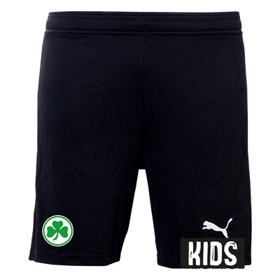 Offizielle Spielshort zum Ausweich Outfit 2026/27 schwarze Puma Short mit einem Dunkelblauen Streifen an der Seite Mit Kleeblatt Logo