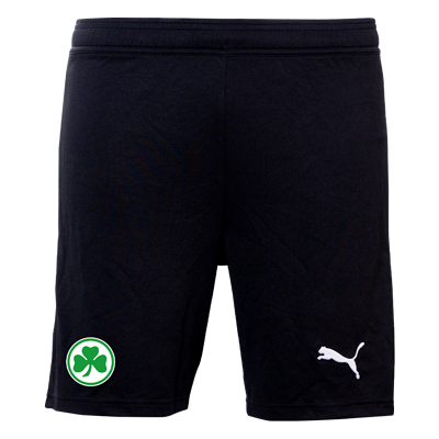 Offizielle Spielshort zum Ausweich Outfit 2026/27 schwarze Puma Short mit einem Dunkelblauen Streifen an der Seite Mit Kleeblatt Logo