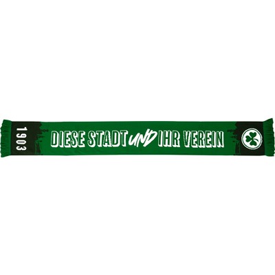 Schal mit der Fürther Skyline an beiden Schal Enden in den Farben Grün und Dunkelgrün Schriftzug "Diese Stadt und Ihr Verein" Kleeblatt Logo und "1903" an beiden Schal Enden Grüne Fransen