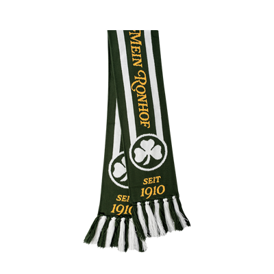 Schal im Retro Stil in den Farben Dunkelgrün und Weiß mit goldfarbigem Schriftzug "Meine Heimat - Mein Ronhof seit 1910" Mit Knüpffransen in Dunkelgrün und Weiß