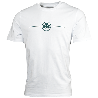 weißes Shirt mit dunkelgrünem Aufdruck  Vorderseite: Kleeblatt Logo Rückseite: Schriftzug "Für Stadt und Verein seit 1903"