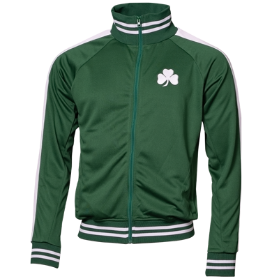 Dunkelgrüne Trainingsjacke im Retro Stil mit Weißen Details am Kragen, Ärmel und am Saum Kleeblatt Logo Retro auf der Brust
