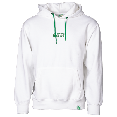 Kapuzenpullover in der Farbe weiß mit Koordinaten des Stadions auf der Vorderseite