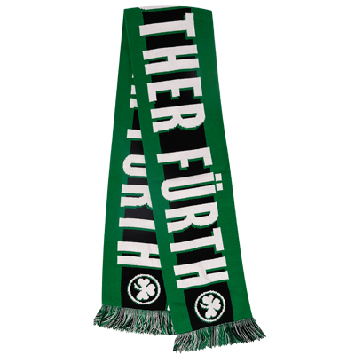 Schal mit dem Schriftzug "SPVGG GREUTHER FÜRTH" In den Farben Weiß, Grün und Schwarz Kleeblatt Logo an beiden Schal Enden Dreifarbige Fransen (Schwarz, Weiß und Grün)