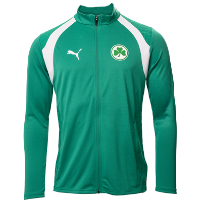 Trainingsjacke von Puma in der Farbe grün Weiße Details an der Brust Kleeblatt Logo auf der Brust