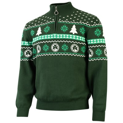 Weihnachtspullover 2025 mit Half-Zip In der Farbe dunkelgrün, Winterliches Design mit Kleeblatt Logos