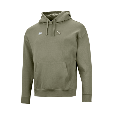 Kapuzenpullover von Puma in der Farbe khaki mit Kleeblatt Logo in Weiß auf der Brust
