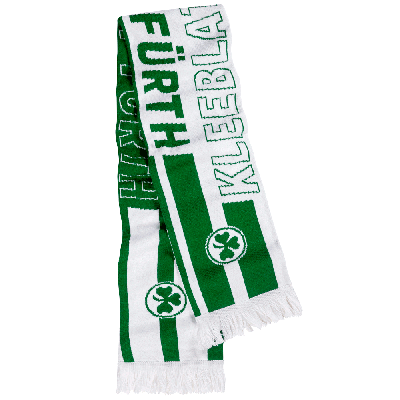 zusammen gefalteter Schal in den Farben Weiß und Grün, dem Schriftzug "Kleeblatt Fürth" in abwechselnden Farben und dem Kleeblatt Logo an beiden Schal Enden