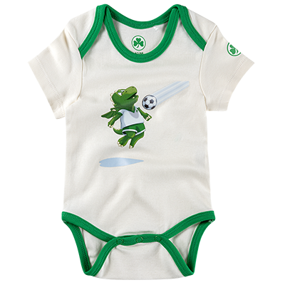 Babybody in weiß mit Eddy Motiv auf der Brust und mit grünem Saum und Kleeblatt Logo am Ärmel links