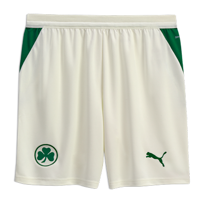 Offizielle Spielshort zum Auswärts Outfit 2026/27  Puma Short in der Farbe Cremeweiß mit Streifen in der Farbe Dunkelgrün an der Seite Mit Kleeblatt Logo