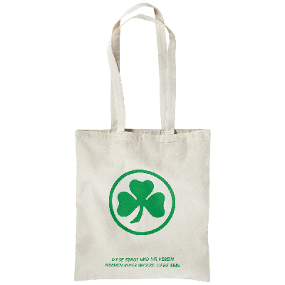Vorderansicht der Baumwolltasche, mit langen Henkeln in Weiß, mit grünem Kleeblatt Logo und dem Schriftzug "Diese Stadt und Ihr Verein werden immer unsere Liebe sein"