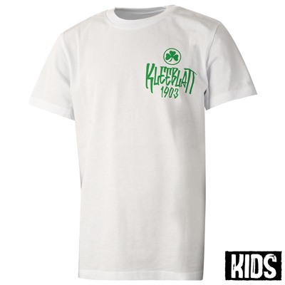 Weißes Shirt mit Kleeblatt Design Vorderseite: Grüner Schriftzug „Kleeblatt 1903“ und Kleeblatt-Logo