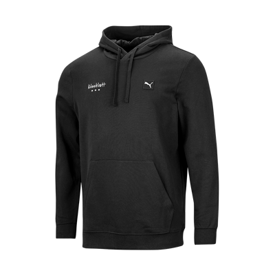 Kapuzenpullover von Puma in der Farbe Schwarz mit Schriftzug "Kleeblatt" in Weiß auf der Brust