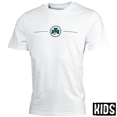 weißes Shirt mit dunkelgrünem Aufdruck  Vorderseite: Kleeblatt Logo Rückseite: Schriftzug "Für Stadt und Verein seit 1903"