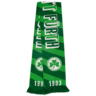Gestreifter Schal in den Farben Hellgrün und Grün Schriftzug "Kleeblatt Fürth" Kleeblatt Logo und "1903" an beiden Schal Enden Grüne Fransen