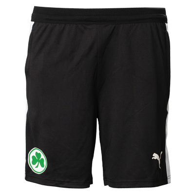 Trainingsshort von Puma In der Farbe schwarz weiße Details an der Seite Mit Kleeblatt Logo