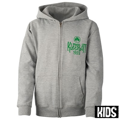 Graue Kapuzenjacke mit Kleeblatt-Design, Vorderseite: Grüner Schriftzug „Kleeblatt 1903“ und Kleeblatt-Logo 