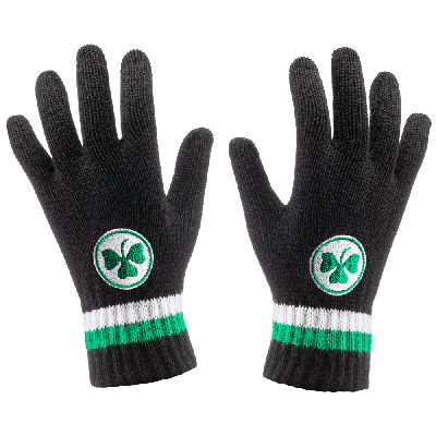 schwarze Handschuhe mit Kleeblatt-Logo auf der Handrückseite und grün-weißen Streifen um das Handgelenk
