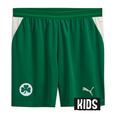Offizielle Spielshort zum Heim Outfit 2026/27 Puma Short in der Farbe Dunkelgrün mit Streifen in der Farbe Cremeweiß an der Seite Mit Kleeblatt Logo