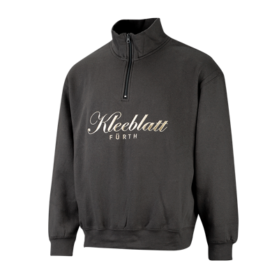 Pullover Half-Zip Retro dunkelgrau mit dem Schriftzug "Kleeblatt Fürth" auf der Brust und einem Reißverschluss bis zur Brust Mitte