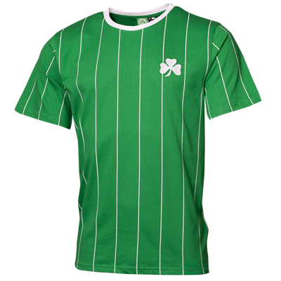 Grünes Shirt im Retro Stil mit feinen Längsstreifen in der Farbe Weiß Kleebatt Logo Retro auf der Brust
