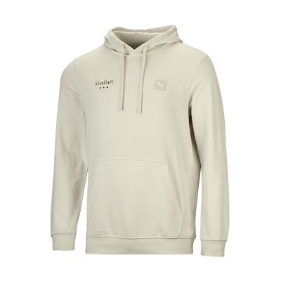 Kapuzenpullover von Puma in der Farbe Off-white mit Schriftzug "Kleeblatt" in schwarz auf der Brust